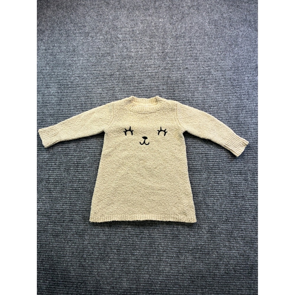 Cat & Jack Toddler Girls Beige Knit Cat Face Sweater Dress Cozy Cute Animal 18M